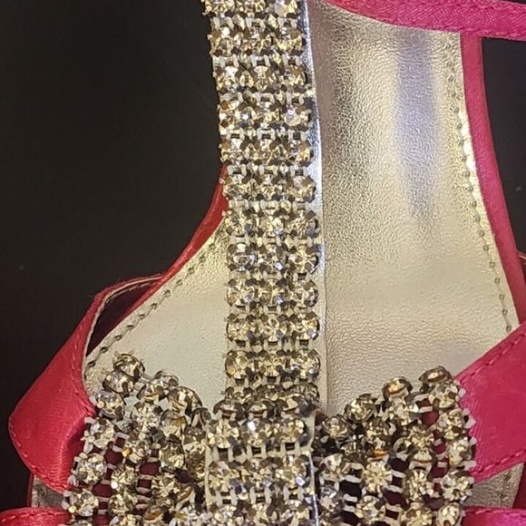 CORA Rhinestones Pink/ Silver Fabric Open Toe Platform Stiletto Heels Size 6 - Picture 5 of 11